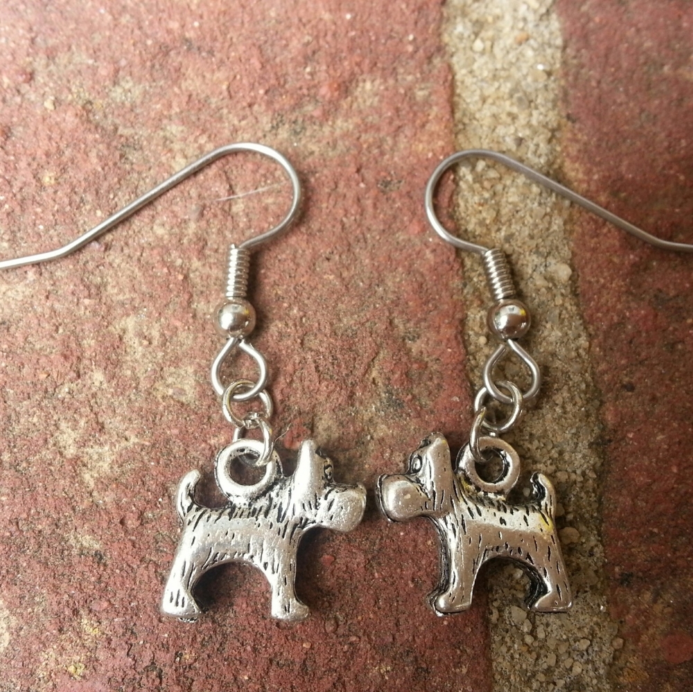 Dog Puppy Earrings Surgical Steel Silver Tone